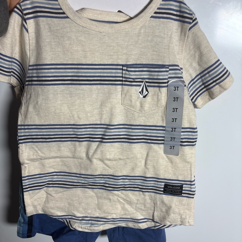 Volcom Kids 2 piece set Blue and Cream Striped with shorts